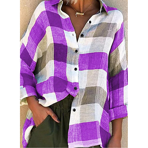 

Women's Blouse Shirt Pattern Plaid Check Long Sleeve Patchwork Print Shirt Collar Tops Basic Basic Top Blue Purple Red