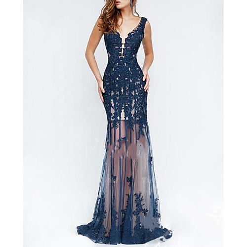 

Mermaid / Trumpet Beautiful Back Sexy Engagement Formal Evening Dress V Neck Sleeveless Floor Length Lace with Appliques 2021