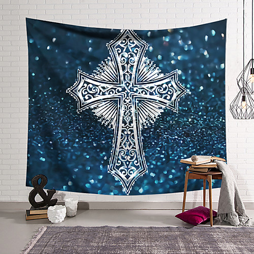 

Wall Tapestry Art Decor Blanket Curtain Hanging Home Bedroom Living Room Decoration Polyester Cross Badge Blue Background Sparkling