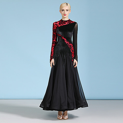 

Ballroom Dance Dress Pleats Split Joint Women's Training Performance Long Sleeve Natural Chiffon Tulle Velvet