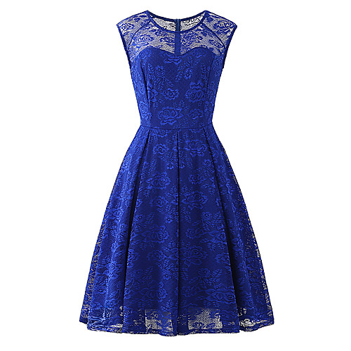 

A-Line Elegant Vintage Party Wear Cocktail Party Dress Jewel Neck Sleeveless Knee Length Lace with Pleats 2021