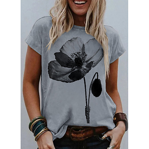 

Women's T shirt Plants Graphic Floral Print Round Neck Tops Basic Basic Top Gray