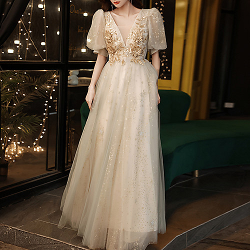 

A-Line Glittering Elegant Engagement Prom Dress V Neck Half Sleeve Floor Length Tulle with Sequin Appliques 2021