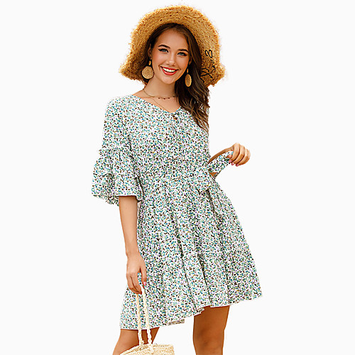 

Women's Sundress Short Mini Dress Purple Green Half Sleeve Floral Color Block Print Summer V Neck Casual Mumu 2021 S M L XL