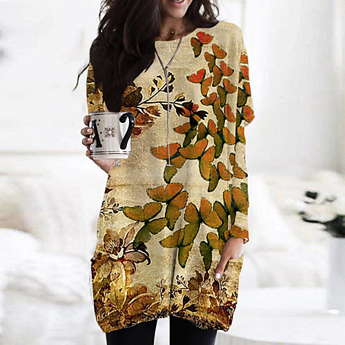 

Women's T Shirt Dress Tee Dress Short Mini Dress Brown Light Blue Long Sleeve Print Color Block Animal Print Fall Spring Round Neck Casual 2021 S M L XL XXL 3XL