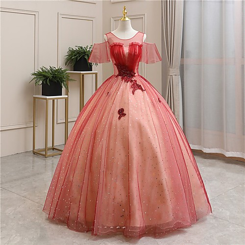 

Ball Gown Glittering Floral Quinceanera Prom Dress Illusion Neck Half Sleeve Floor Length Tulle with Sequin Appliques 2021