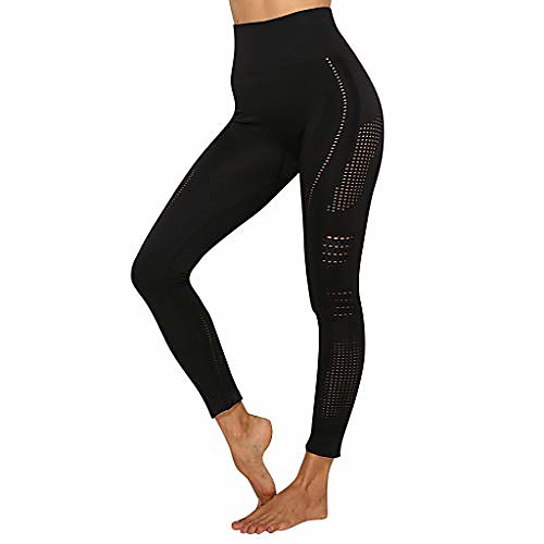 

Women Yoga Pants Seamless Solid Sports Tight Hips High Waist Thread Pant Mesh Foldover Hip-Lifting Leggings Black