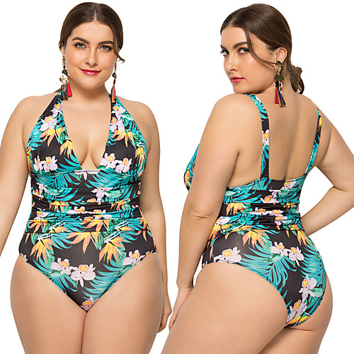 

Women's One Piece Swimsuit Padded Swimwear Bodysuit Swimwear Green Breathable Quick Dry Comfortable Sleeveless - Swimming Surfing Water Sports Summer Plus Size / Elastane