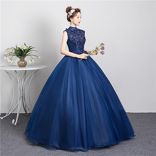 

Ball Gown Cut Out Floral Quinceanera Prom Dress High Neck Sleeveless Floor Length Tulle with Beading Appliques 2021