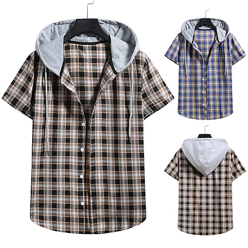 

Men's Shirt non-printing Lattice Color Block Plus Size Drawstring Short Sleeve Daily Tops Vintage Streetwear Black Blue