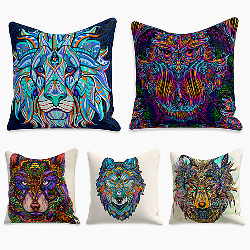 

5 pcs Linen Pillow Cover, Animal Simple Casual Square Polyester Traditional Classic