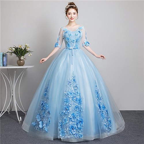 

Ball Gown Beautiful Back Floral Quinceanera Formal Evening Dress Illusion Neck Half Sleeve Floor Length Tulle with Bow(s) Appliques 2021