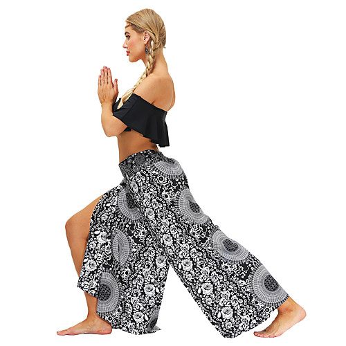 

Women's Yoga Pants Wide Leg High Split Bottoms Breathable Quick Dry Bohemian BlackWhite Yoga Fitness Gym Workout Sports Activewear / Casual / Athleisure