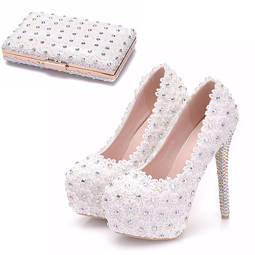 

Women's Wedding Shoes Platform Round Toe Wedding Pumps Vintage Sexy Roman Shoes Wedding Party & Evening PU Rhinestone Sparkling Glitter Lace Solid Colored Color Block White