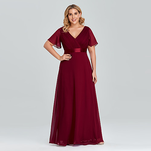 

A-Line Empire Wedding Guest Prom Dress V Neck Short Sleeve Floor Length Chiffon with Pleats 2021