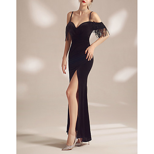 

Sheath / Column Minimalist Sexy Wedding Guest Formal Evening Dress Spaghetti Strap Short Sleeve Floor Length Velvet with Tassel Split 2021