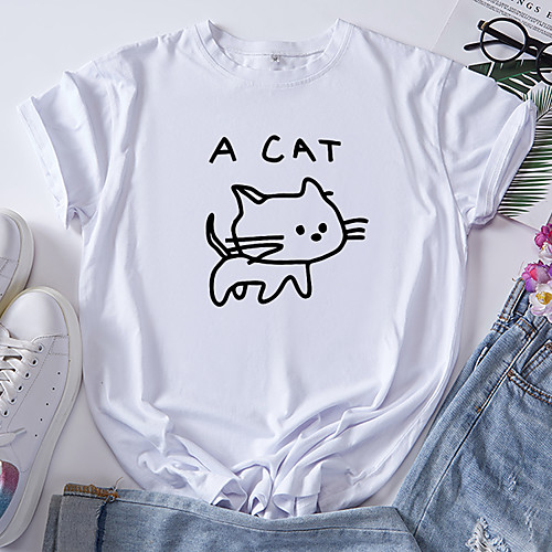 

Women's T shirt Cat Graphic Animal Print Round Neck Tops 100% Cotton Basic Basic Top White Black Blue