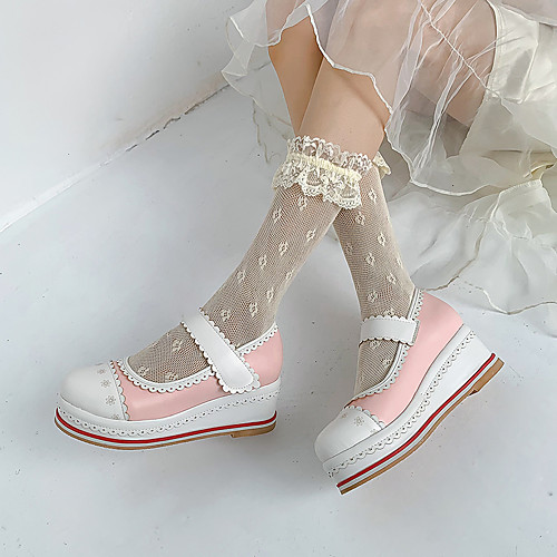 

Women's Heels Wedge Heel Round Toe Lolita Preppy Daily Party & Evening PU Buckle Color Block White Black Purple