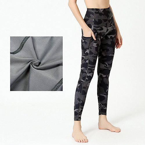 

Women's High Waist Yoga Pants Side Pockets Cropped Leggings Bottoms Tummy Control Butt Lift Breathable Camo / Camouflage Black Spandex Yoga Fitness Gym Workout Winter Sports Activewear Stretchy