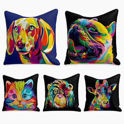 

5 pcs Linen Pillow Cover, Animal Simple Casual Square Polyester Traditional Classic