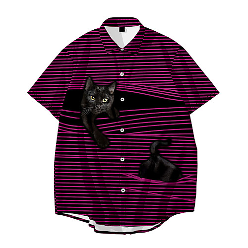 

Men's Shirt 3D Print Striped Cat Animal Button-Down 3D Print Short Sleeve Daily Tops Casual Fashion Black / White Black Purple