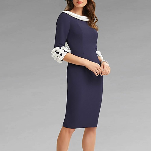 

Sheath / Column Mother of the Bride Dress Elegant Cowl Neck Knee Length Stretch Fabric 3/4 Length Sleeve with Appliques 2021