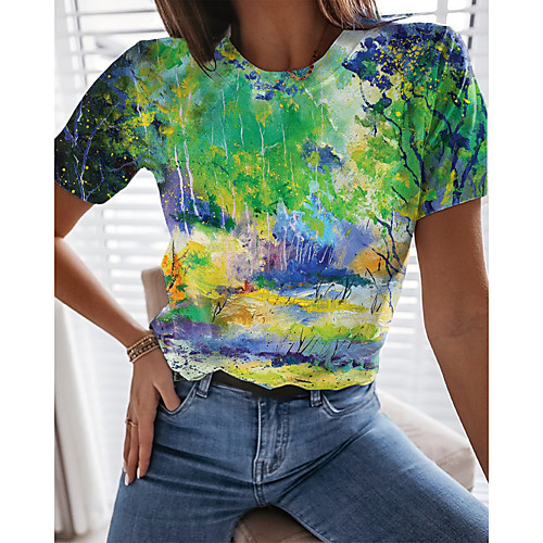 

Women's T shirt Graphic Scenery Floral Print Round Neck Tops Basic Basic Top Green