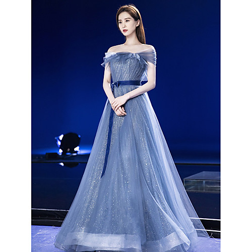 

A-Line Glittering Celebrity Style Prom Formal Evening Dress Off Shoulder Short Sleeve Floor Length Tulle with Sash / Ribbon Bow(s) Sequin 2021