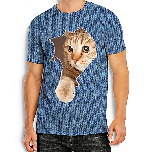 

Men's Tees T shirt Other Prints Cat Graphic Prints Animal Print Short Sleeve Daily Tops Basic Casual Blue