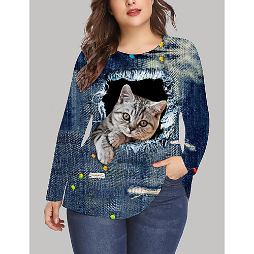 

Women's Plus Size Print Cat Graphic Animal T shirt Large Size Crewneck Long Sleeve Tops XL XXL 3XL Blue Big Size