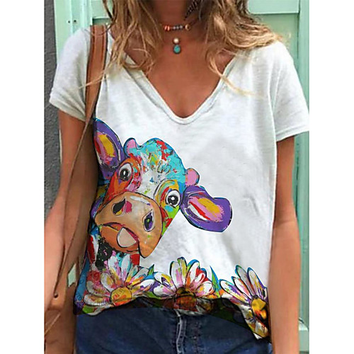 

Women's T shirt Cow Print V Neck Tops Cotton Basic Basic Top White