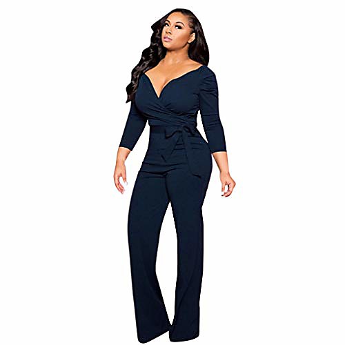 

women jumpsuits party club long sleeve rompers pants belt jumpsuits navy