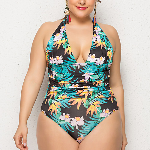 

Women's One Piece Swimsuit Floral Tropical Green Swimwear Strap Bathing Suits
