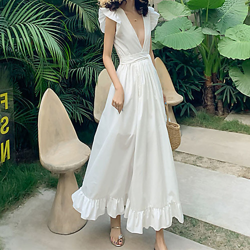 

A-Line Beautiful Back Sexy Holiday Prom Dress V Neck Sleeveless Ankle Length Satin with Ruffles Split 2021