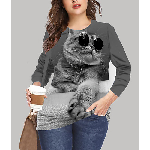 

Women's Plus Size Print Cat Graphic Animal T shirt Large Size Crewneck Long Sleeve Tops XL XXL 3XL Black khaki Gray Big Size