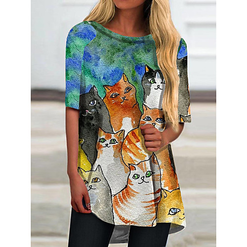 

Women's T Shirt Dress Tee Dress Short Mini Dress Blue Half Sleeve Cat Animal Print Spring Summer Round Neck Casual 2021 S M L XL XXL 3XL