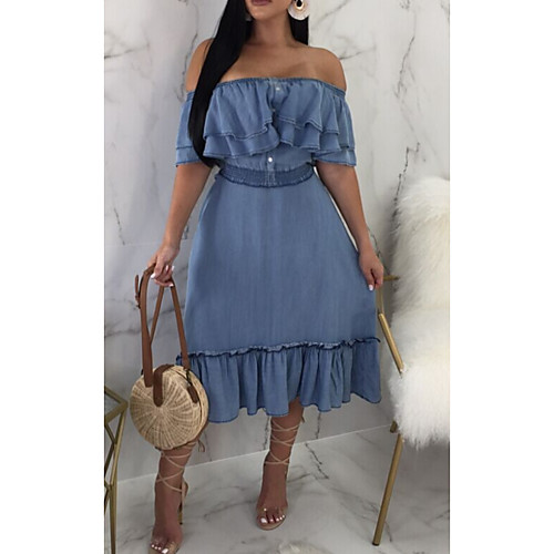 

Women's A Line Dress Midi Dress Light Blue Half Sleeve Solid Color Ruffle Summer Off Shoulder Casual Cotton 2021 S M L XL