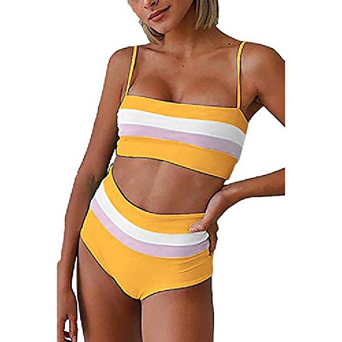 

almaree plus size bikini set for women striped color block bandeau swimsuit yellow xl
