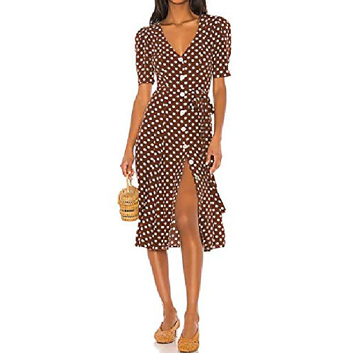 

cmz2005 women short sleeves v neck high waisted dresses casual button down dot print dress 72003 (brown, l)