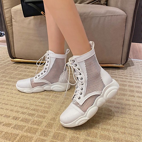 

Women's Boots Platform Round Toe Booties Ankle Boots Mesh Microfiber Lace-up Solid Colored White Black / Mid-Calf Boots