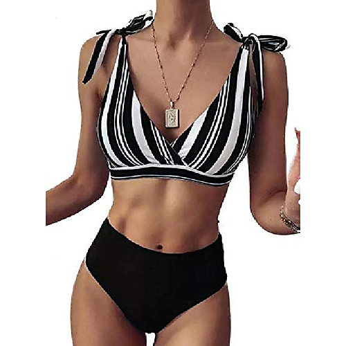 

vimpunec striped lace up bikini set tie knot high waist swimsuit high leg cheeky bathing suits for women black