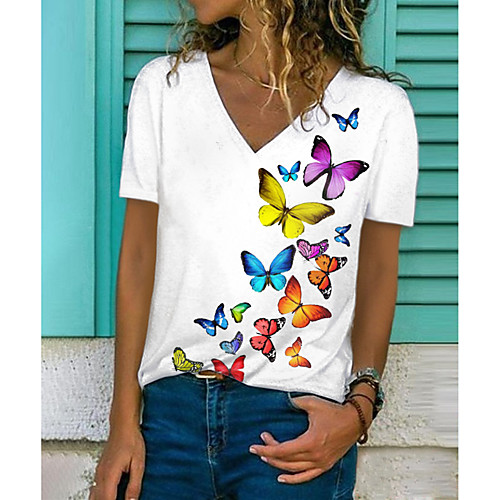 

Women's T shirt Graphic Butterfly Print V Neck Tops Basic Basic Top White