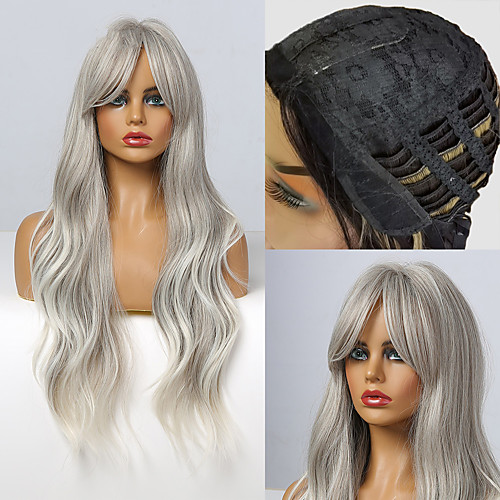

Long Grey Ombre Wavy Wigs for Women Bangs Synthetic Wigs for Black Women Afro Heat Resistant Natural Hair Wig