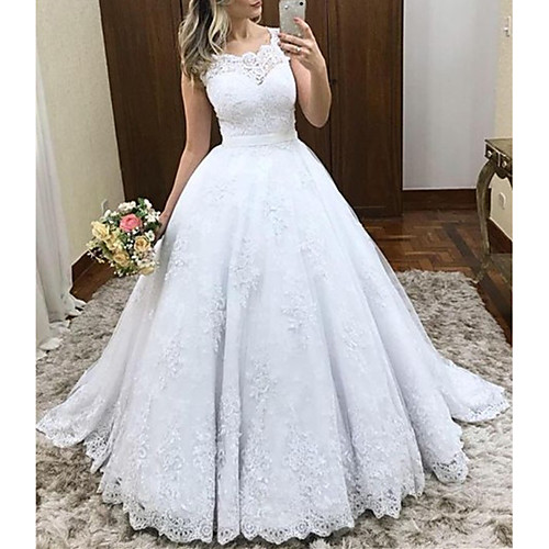 

Princess Ball Gown Wedding Dresses Jewel Neck Sweep / Brush Train Lace Tulle Cap Sleeve Formal Romantic Luxurious with Pleats Appliques 2021