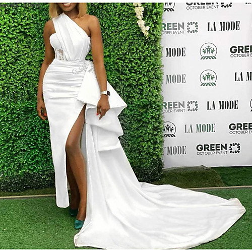 

Mermaid / Trumpet Minimalist Sexy Engagement Formal Evening Dress One Shoulder Sleeveless Court Train Satin with Ruched Split 2021
