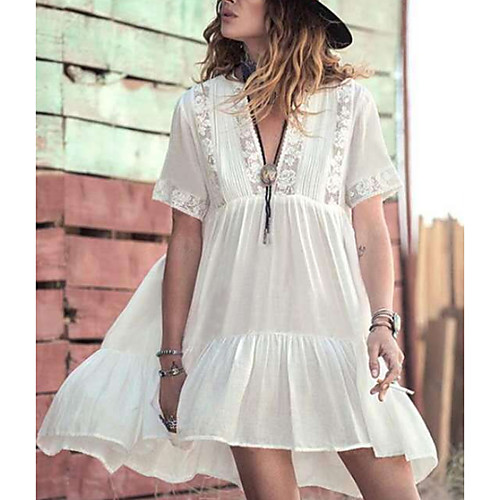 

Women's Swimsuit Cover Up Beach Top Swimsuit Chiffon Lace Solid Color Geometric White Swimwear T shirt Dress Tunic Plunge Bathing Suits New Fashion Sexy