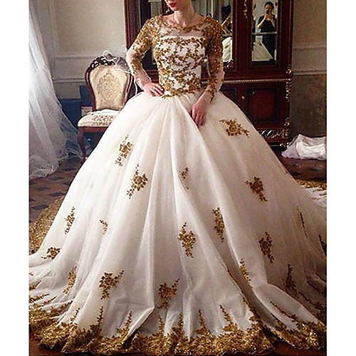 

Princess Ball Gown Wedding Dresses Jewel Neck Sweep / Brush Train Lace Tulle Long Sleeve Formal Romantic Luxurious with Pleats Appliques 2021