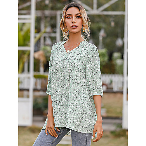 

Women's Blouse Floral Print V Neck Tops Basic Basic Top Light Green