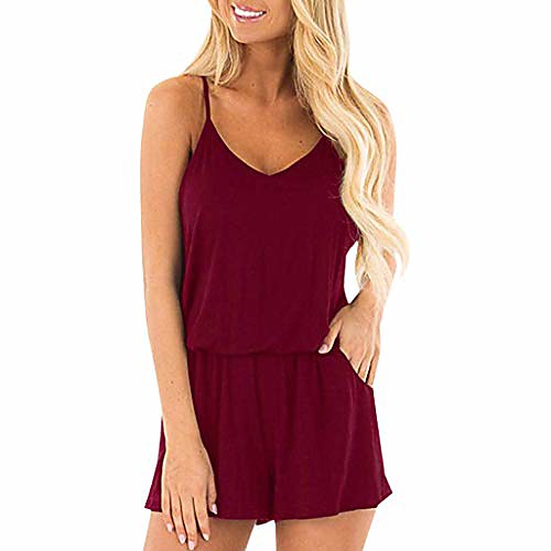 

womens jumpsuits and rompers,poto women's summer solid spaghetti strap jumpsuit elastic waist short romper playsuit red