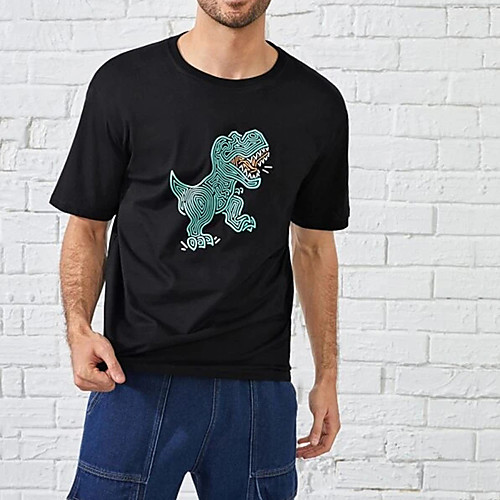 

Men's T shirt Hot Stamping Dinosaur Print Short Sleeve Casual Tops 100% Cotton Basic Casual Fashion Black